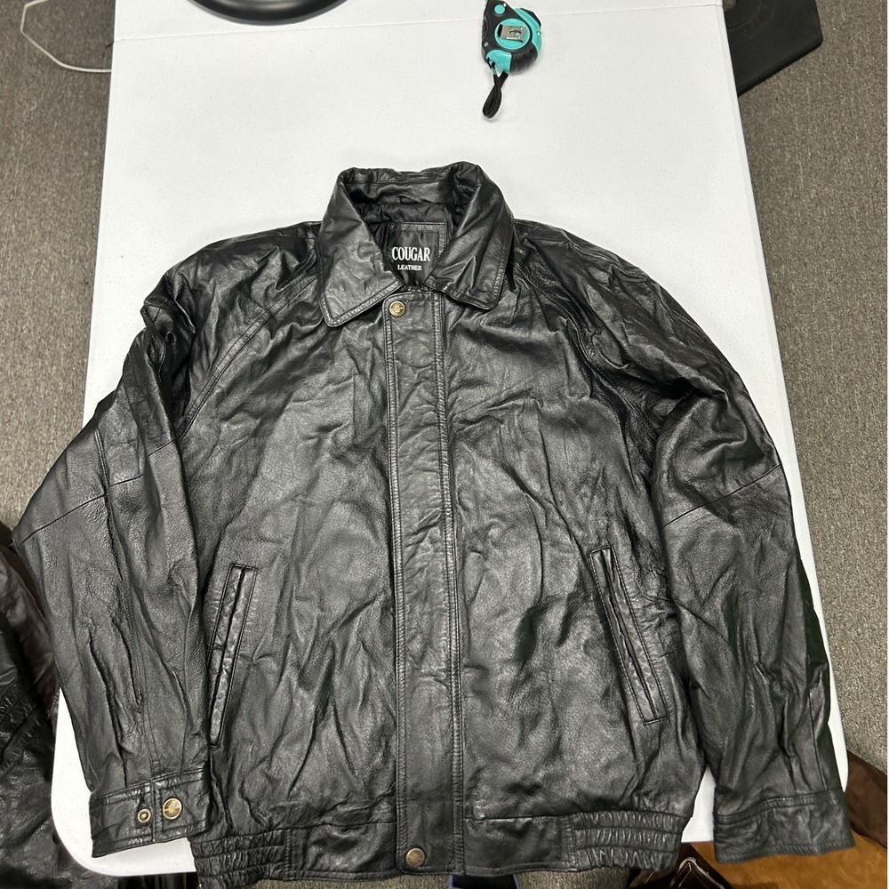 Cougar Leather Bomber Jacket Mens M Black Quilted Lining Full Zip Snap Front